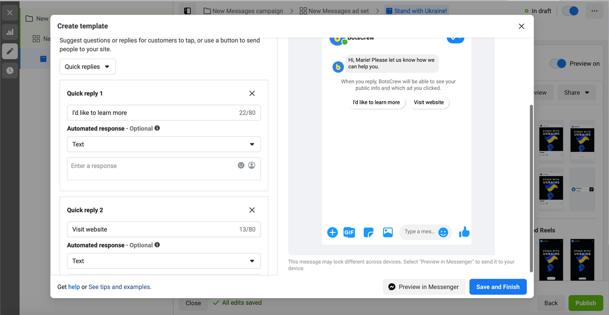 The quick replies editor with “I'd like to learn more” and “Visit website” configured, and the Messenger preview showing both as tappable buttons under the greeting