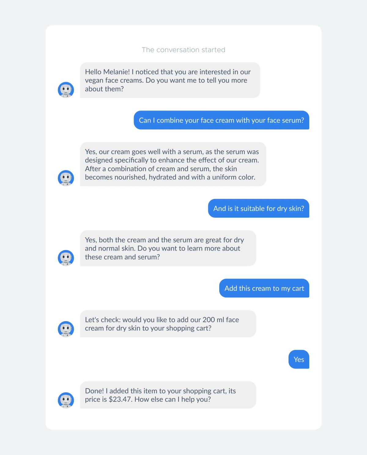 Website chat mockup: a cosmetics bot greets Melanie about vegan face creams, answers whether the cream can be combined with the serum and whether it suits dry skin, then adds a 200 ml face cream to her cart and confirms the $23.47 price