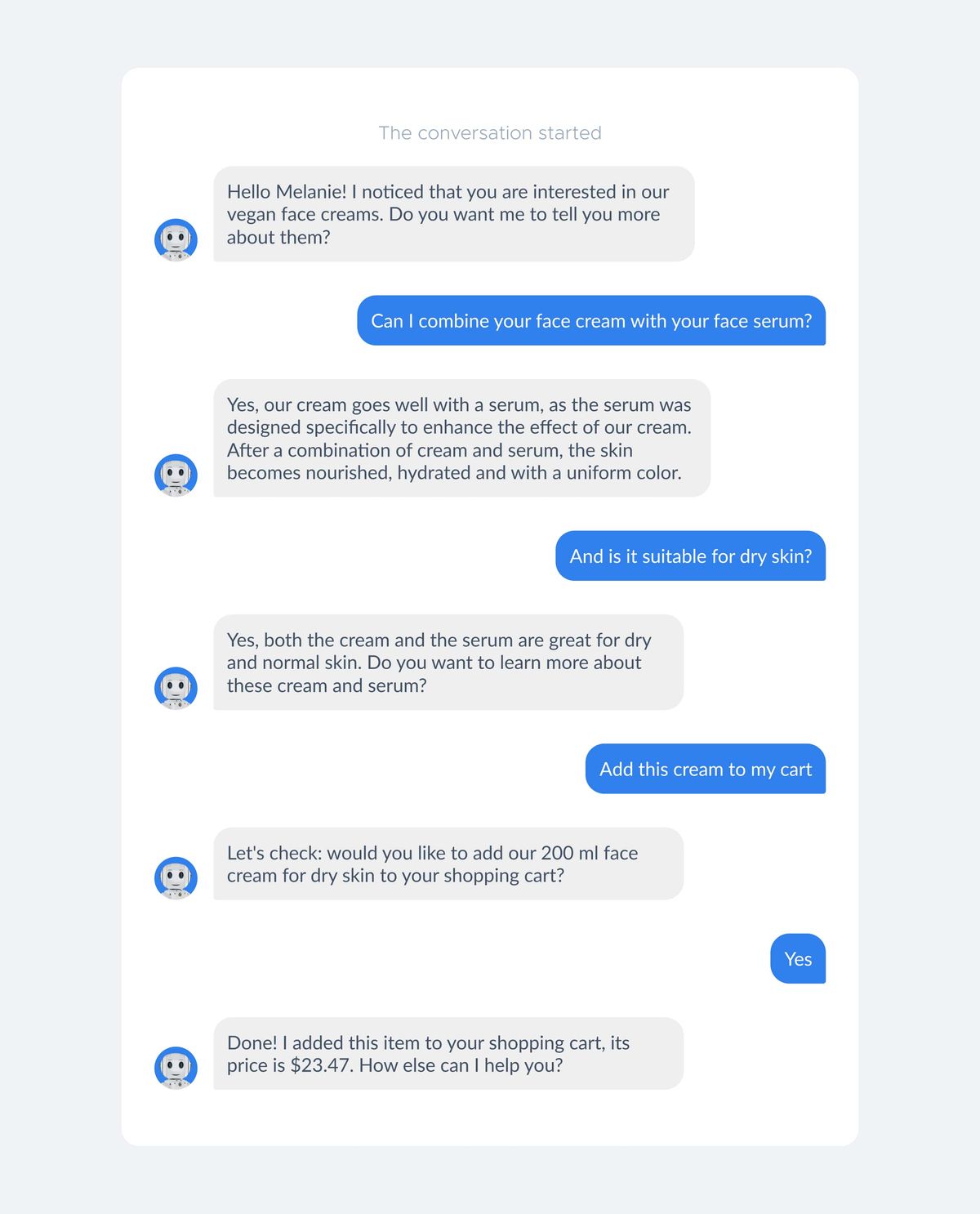 Website chat mockup: a cosmetics bot greets Melanie about vegan face creams, answers whether the cream can be combined with the serum and whether it suits dry skin, then adds a 200 ml face cream to her cart and confirms the $23.47 price