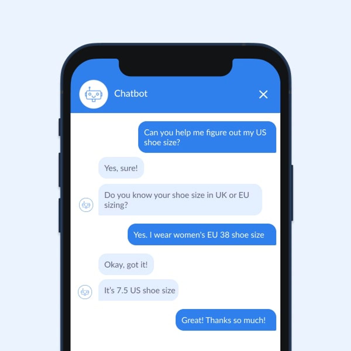 Chatbot conversation converting shoe sizes: the shopper asks for help finding their US shoe size, says they wear a women's EU 38, and the bot answers that it is 7.5 US