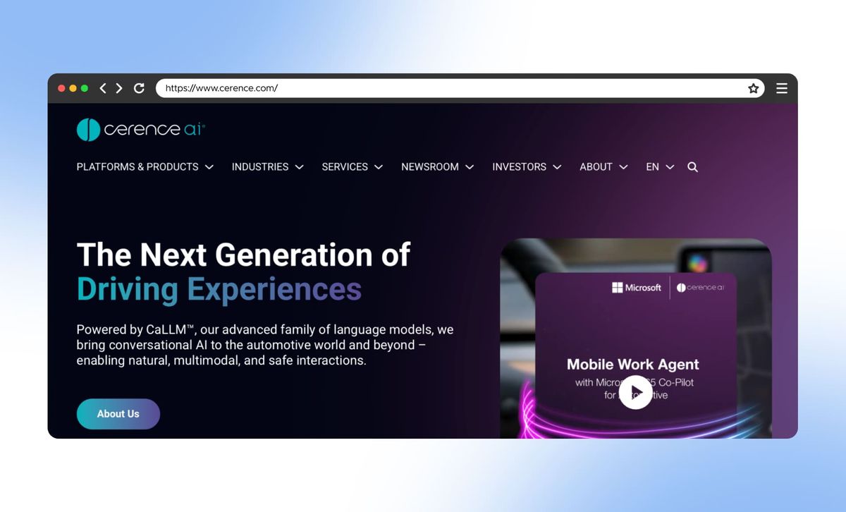 The Cerence AI homepage in a browser window, headlined "The Next Generation of Driving Experiences" beside a Mobile Work Agent video card
