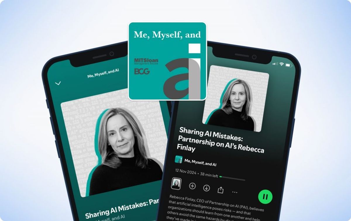 Me, Myself and AI cover art beside the show open in a podcast app on two phones