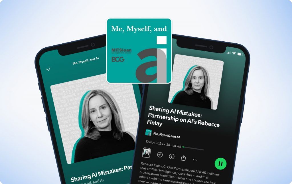 Me, Myself and AI cover art beside the show open in a podcast app on two phones