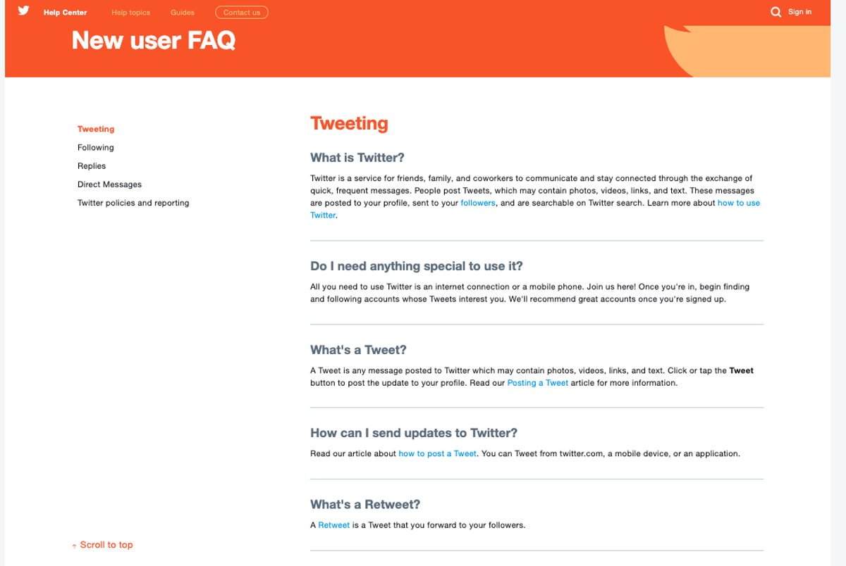 Twitter's New user FAQ help page, with a Tweeting section listing questions such as What is Twitter?, What's a Tweet? and What's a Retweet?, each answered in a short paragraph under a thin rule, beside a sidebar of topic links