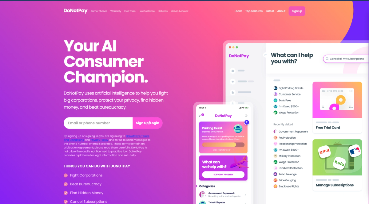 DoNotPay's home page, headlined "Your AI Consumer Champion", beside app screens listing services such as fighting parking tickets, disputing bank fees and cancelling subscriptions