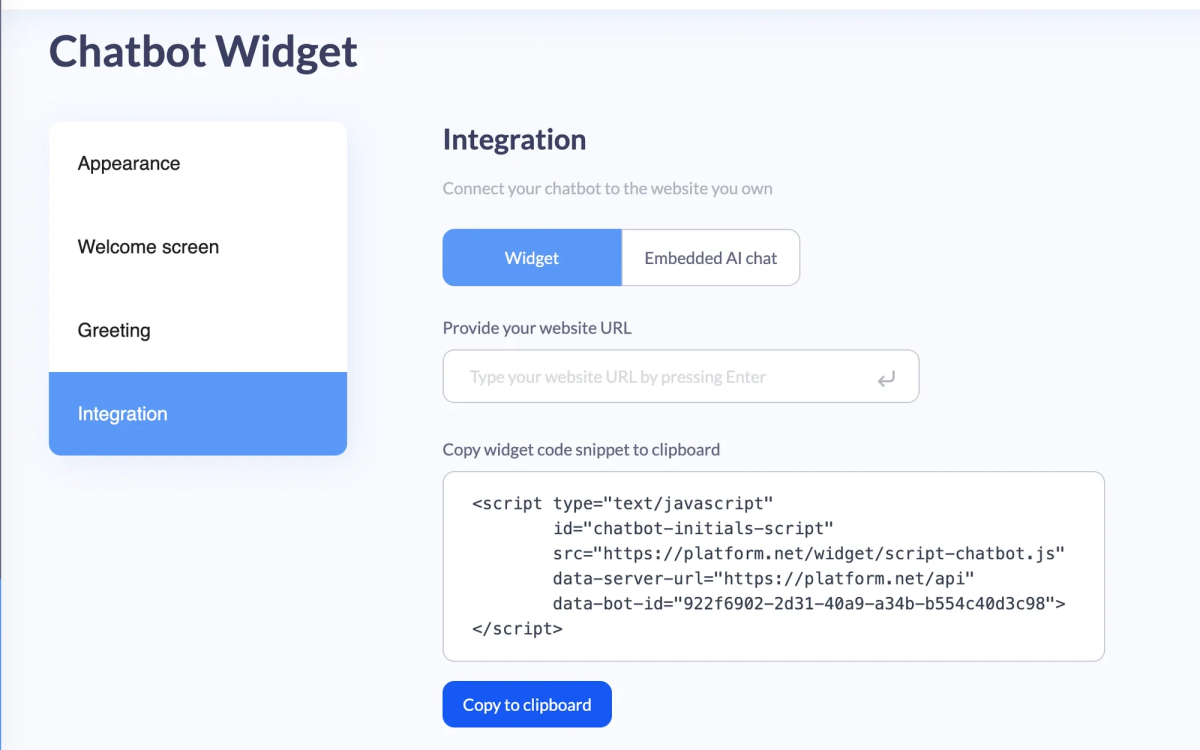 Chatbot Widget settings on the Integration tab, showing the website URL field and the copyable widget script snippet