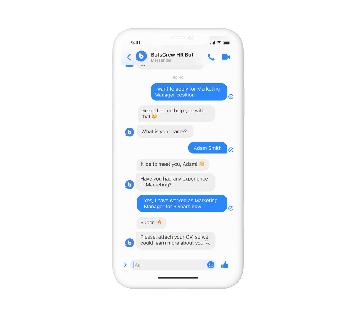Messenger conversation with the BotsCrew HR Bot screening an applicant for a Marketing Manager position: it takes their name, hears they have three years of experience, and asks them to attach a CV