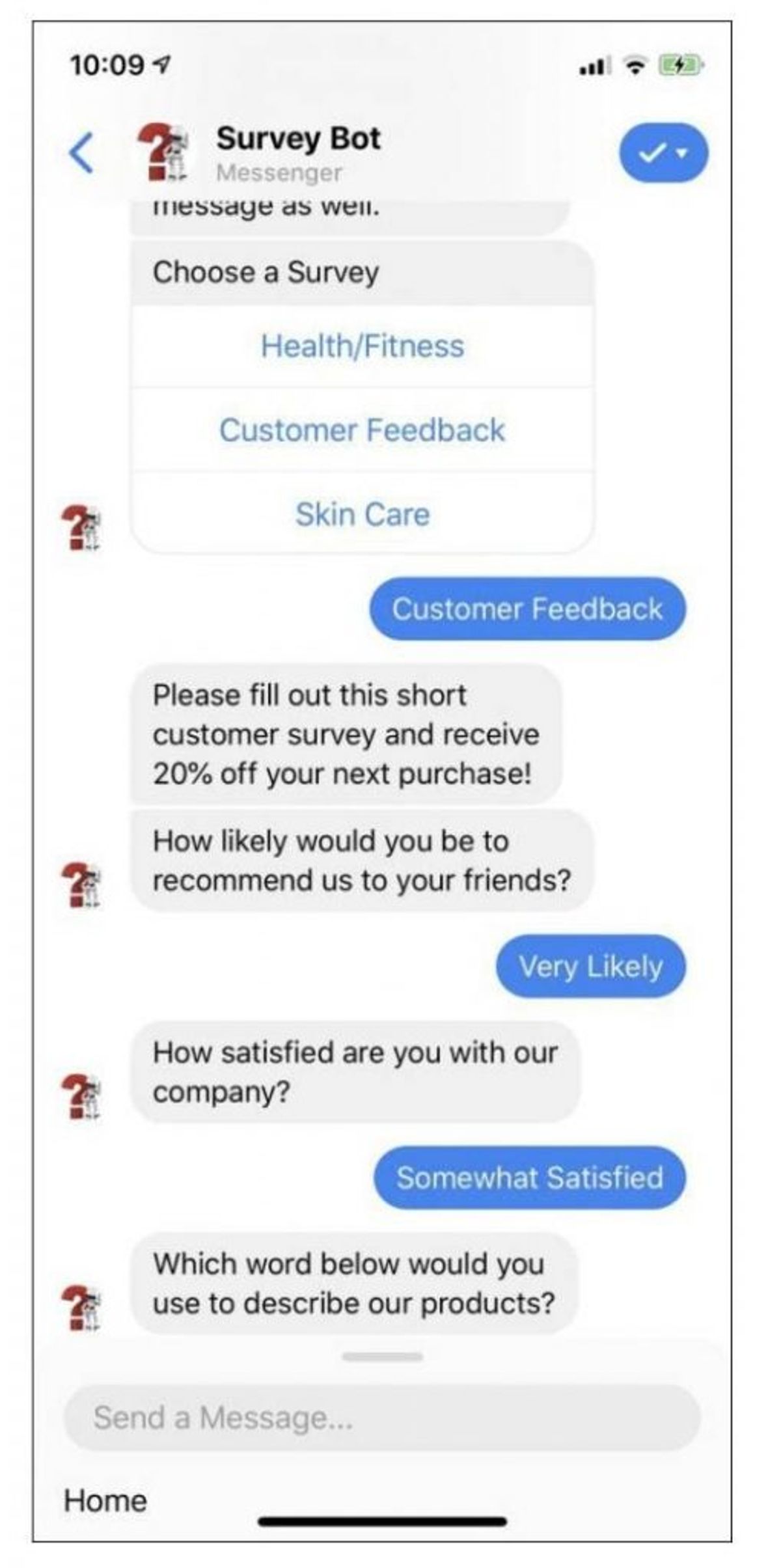 Messenger conversation with a “Survey Bot”: the user picks “Customer Feedback” from a Health/Fitness, Customer Feedback and Skin Care menu, and the bot offers 20% off the next purchase before asking how likely they are to recommend the company and how satisfied they are with it