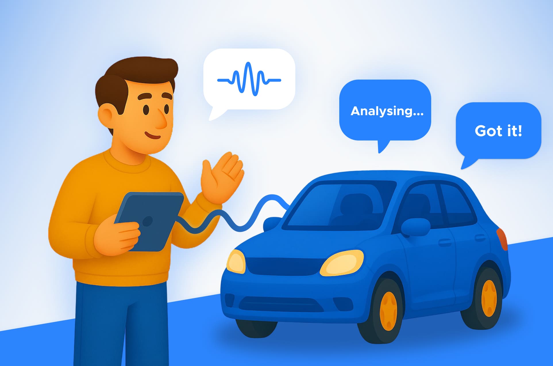 A man holding a tablet wired to a blue car, a waveform in his speech bubble and the car answering "Analysing…" then "Got it!"