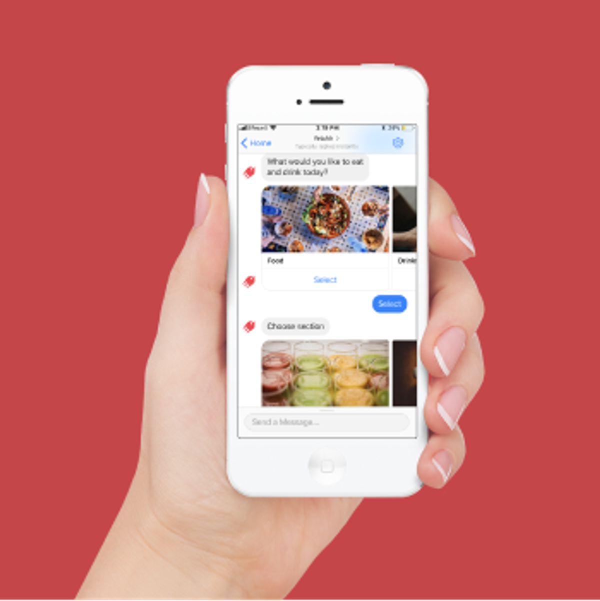 A hand holding a phone showing a food-delivery chatbot asking what the user would like to eat and drink, with photographs of dishes to pick from