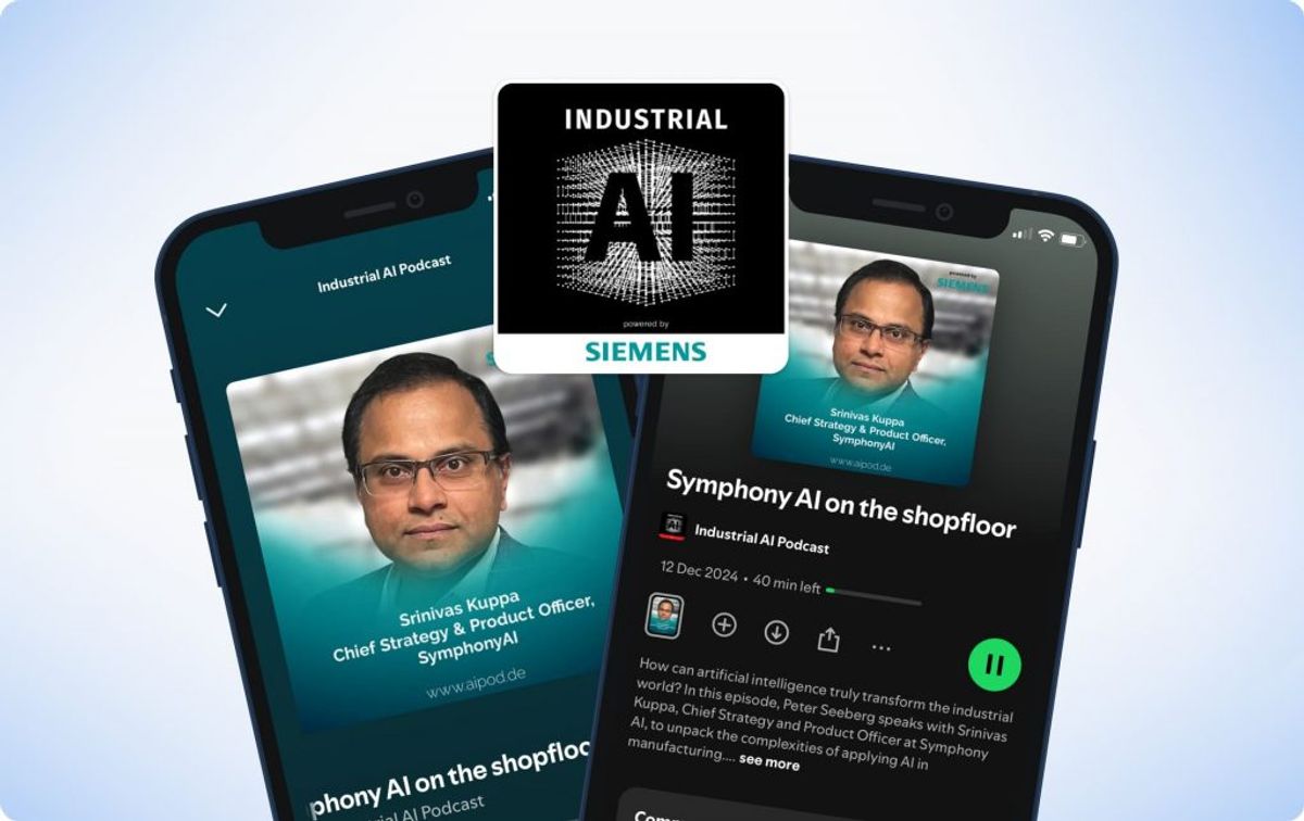 The Industrial AI Podcast cover art beside the show open in a podcast app on two phones