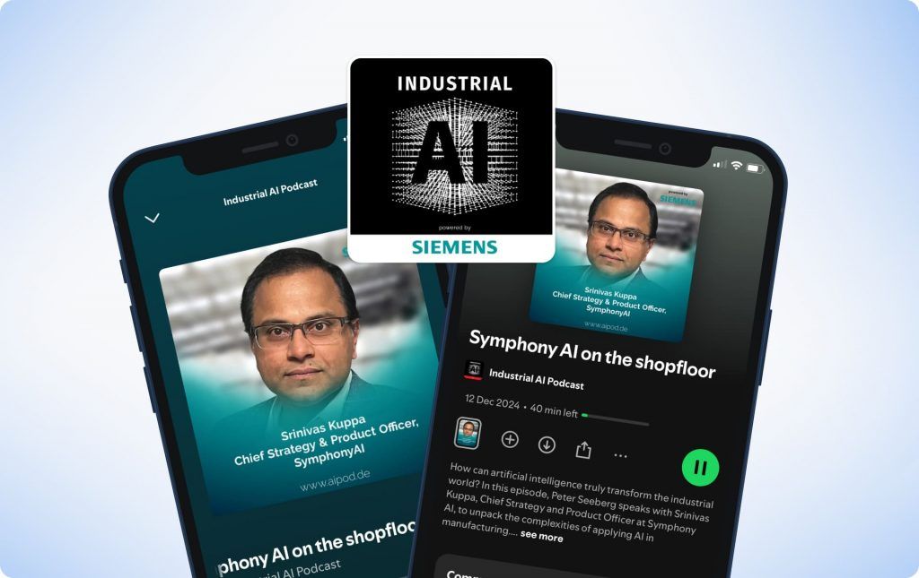 The Industrial AI Podcast cover art beside the show open in a podcast app on two phones
