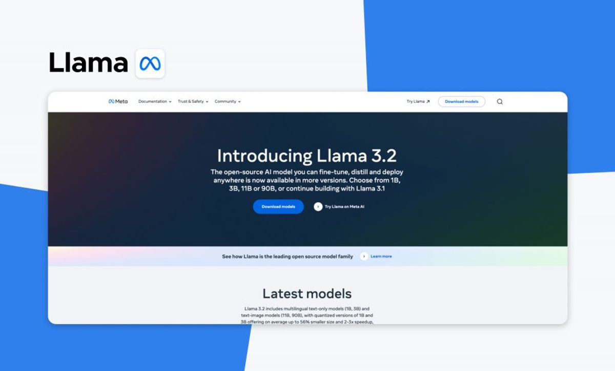 Llama card showing Meta's "Introducing Llama 3.2" landing page with its Download models and Try Llama on Meta AI buttons above a Latest models section