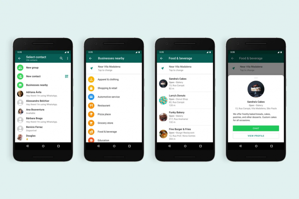 Four Android phones showing the WhatsApp business directory in São Paulo: the contact list with a Businesses nearby entry, a list of nearby business categories, a Food & beverage results list, and the profile for Sandra’s Cakes with Chat and View profile buttons