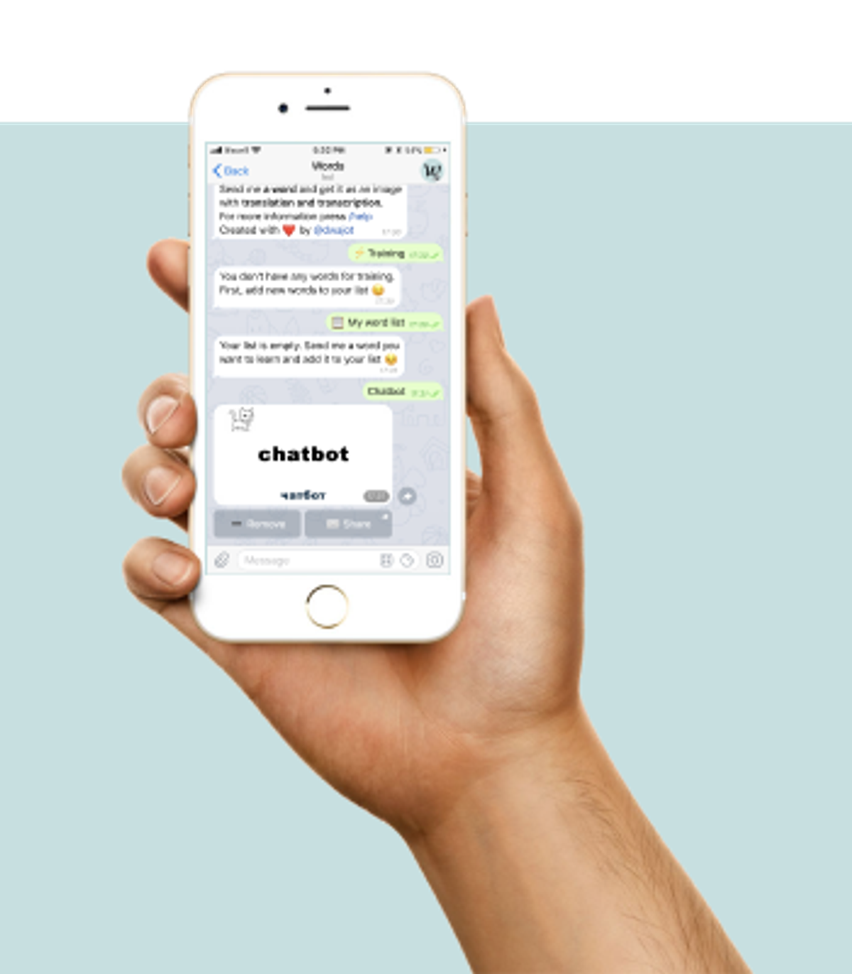 A hand holding a phone showing the Words language-learning bot in Telegram, which takes a word and returns its translation and transcription
