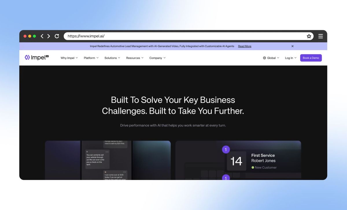 The Impel homepage in a browser window, headlined "Built To Solve Your Key Business Challenges. Built to Take You Further." above dealership chat and service dashboards
