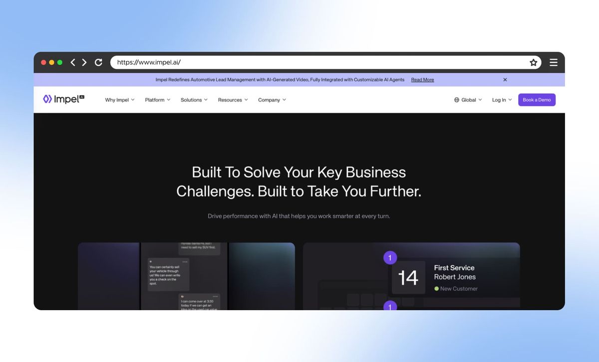 The Impel homepage in a browser window, headlined "Built To Solve Your Key Business Challenges. Built to Take You Further." above dealership chat and service dashboards