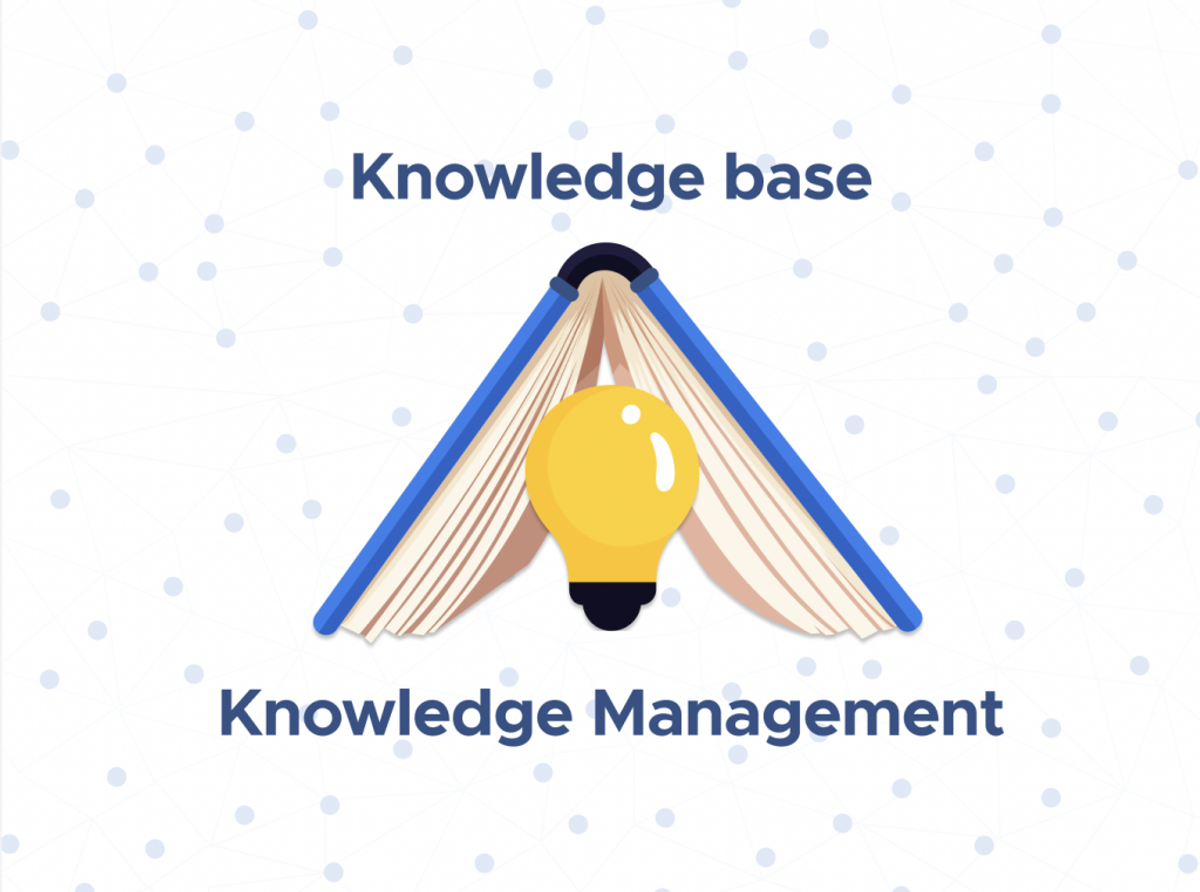 Illustration of an open book with a glowing lightbulb between its pages, captioned Knowledge base above and Knowledge Management below