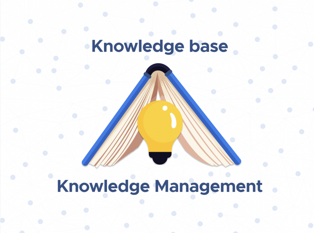 Illustration of an open book with a glowing lightbulb between its pages, captioned Knowledge base above and Knowledge Management below