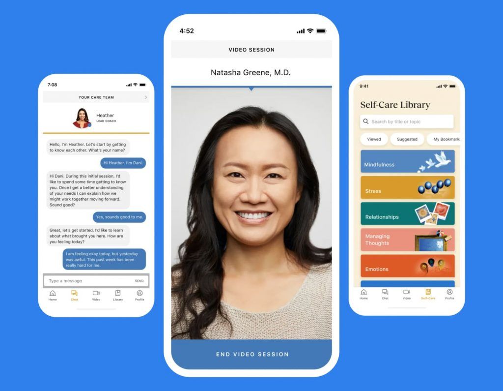 Three phone screens from a mental health app: a chat with a lead coach named Heather opening an initial session, a video session with Natasha Greene, M.D., and a Self-Care Library with categories for Mindfulness, Stress, Relationships, Managing Thoughts and Emotions