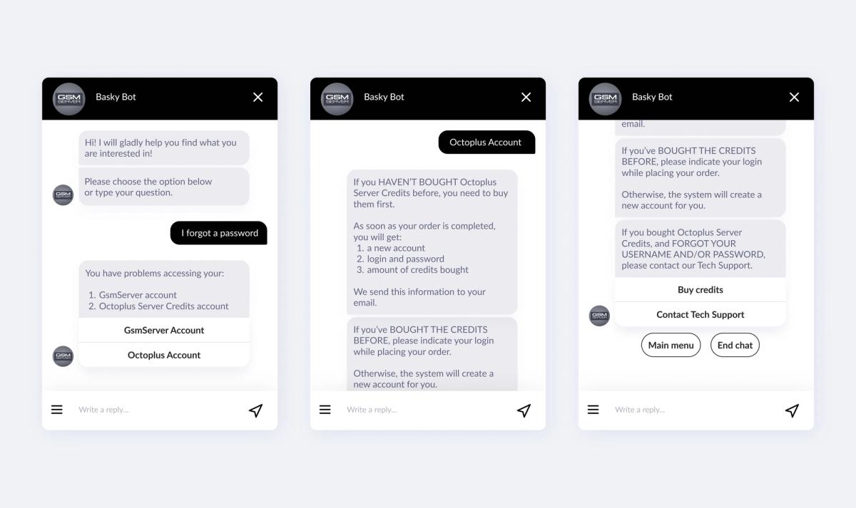 Three screens of GsmServer's Basky Bot handling a forgotten password: it lists the GsmServer and Octoplus Server Credits accounts, explains how credits are bought and delivered, and offers Buy credits or Contact Tech Support