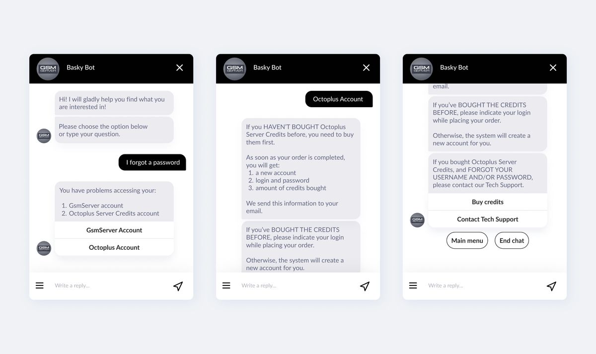 Three screens of GsmServer's Basky Bot handling a forgotten password: it lists the GsmServer and Octoplus Server Credits accounts, explains how credits are bought and delivered, and offers Buy credits or Contact Tech Support