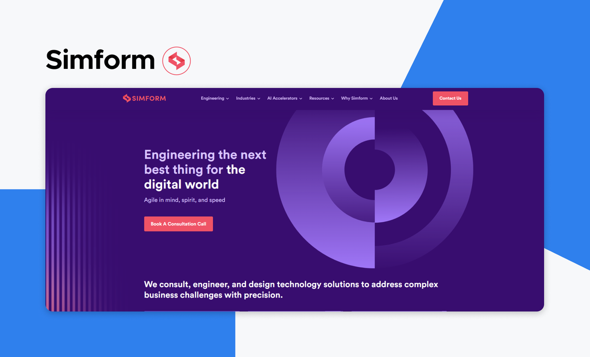 The Simform logo above a screenshot of the Simform homepage on a deep purple ground, headlined 'Engineering the next best thing for the digital world'