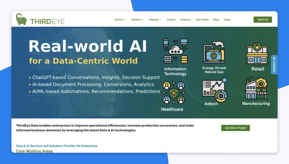 The ThirdEye Data home page in a browser window, headlined 'Real-world AI for a Data-Centric World' over three capability bullets, beside a grid of industry icons for information technology, energy, retail, healthcare, adtech and manufacturing