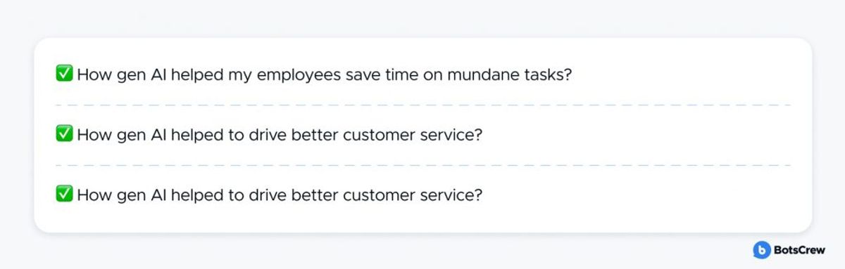 A checklist card with three questions: How gen AI helped my employees save time on mundane tasks? How gen AI helped to drive better customer service? How gen AI helped to drive better customer service?