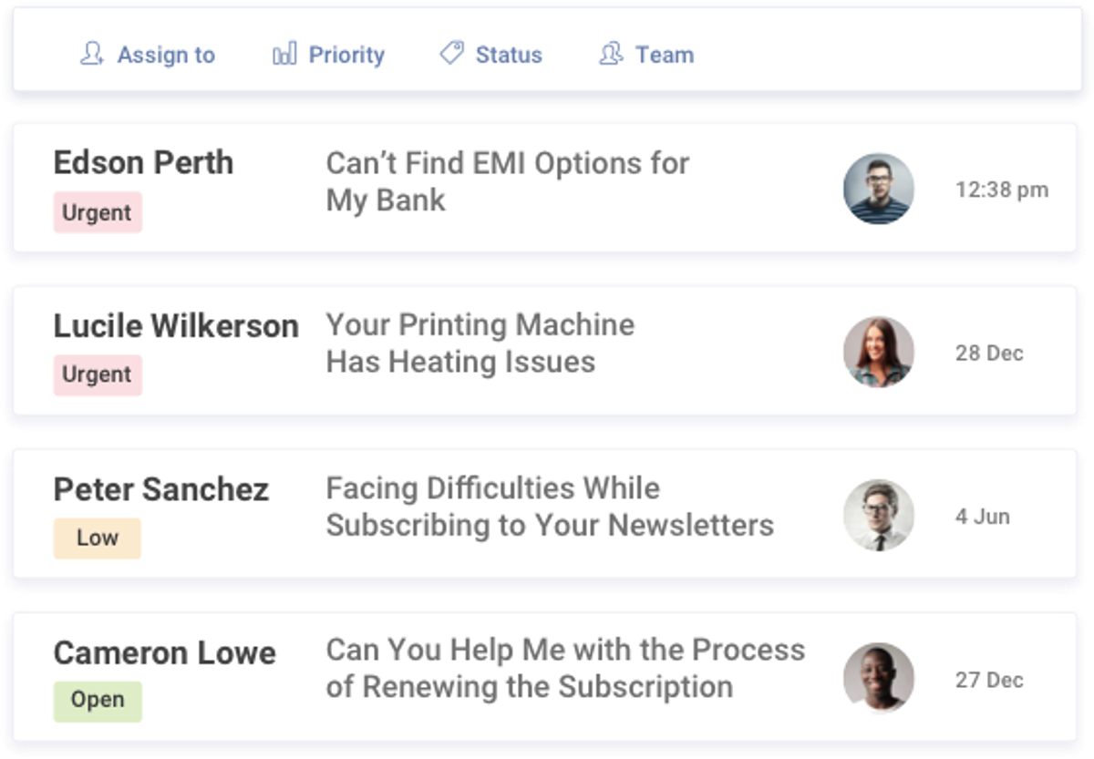 ProProfs Help Desk ticket list with Assign to, Priority, Status and Team controls above four tickets, each showing the requester, the subject, an Urgent, Low or Open badge, an avatar and a timestamp
