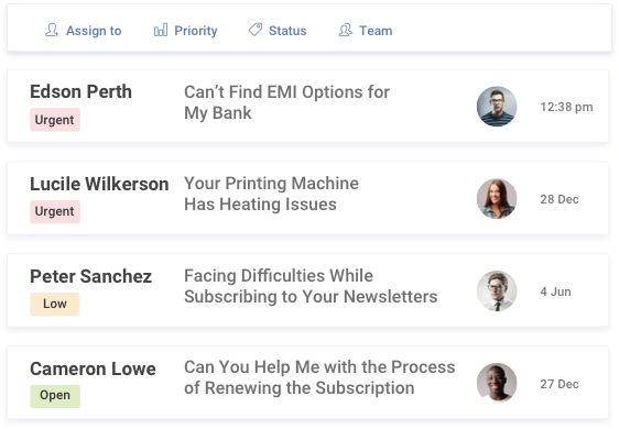 ProProfs Help Desk ticket list with Assign to, Priority, Status and Team controls above four tickets, each showing the requester, the subject, an Urgent, Low or Open badge, an avatar and a timestamp