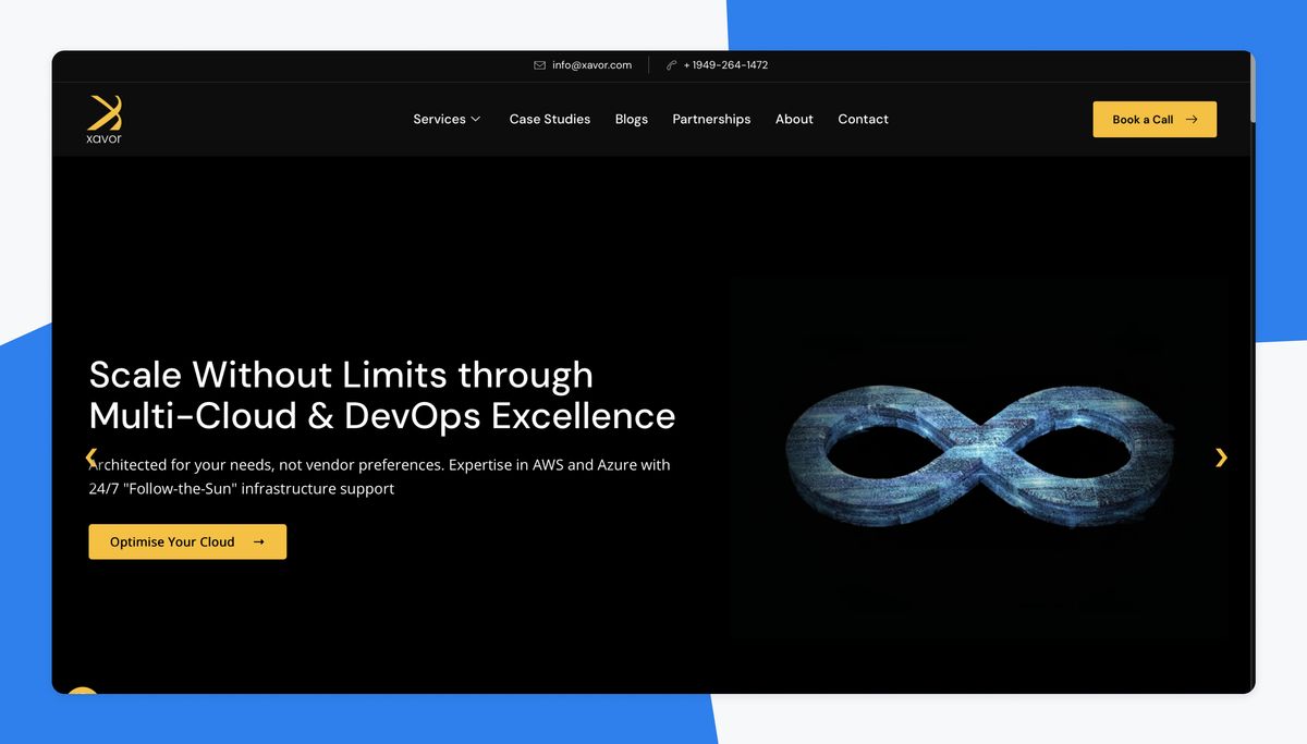 The Xavor home page in a browser window, a dark hero headlined 'Scale Without Limits through Multi-Cloud & DevOps Excellence' beside an infinity-loop illustration, with an 'Optimize Your Cloud' button