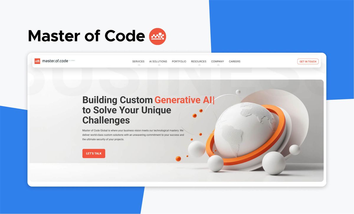 The Master of Code logo above a screenshot of the Master of Code Global site, headlined 'Building Custom Generative AI to Solve Your Unique Challenges'