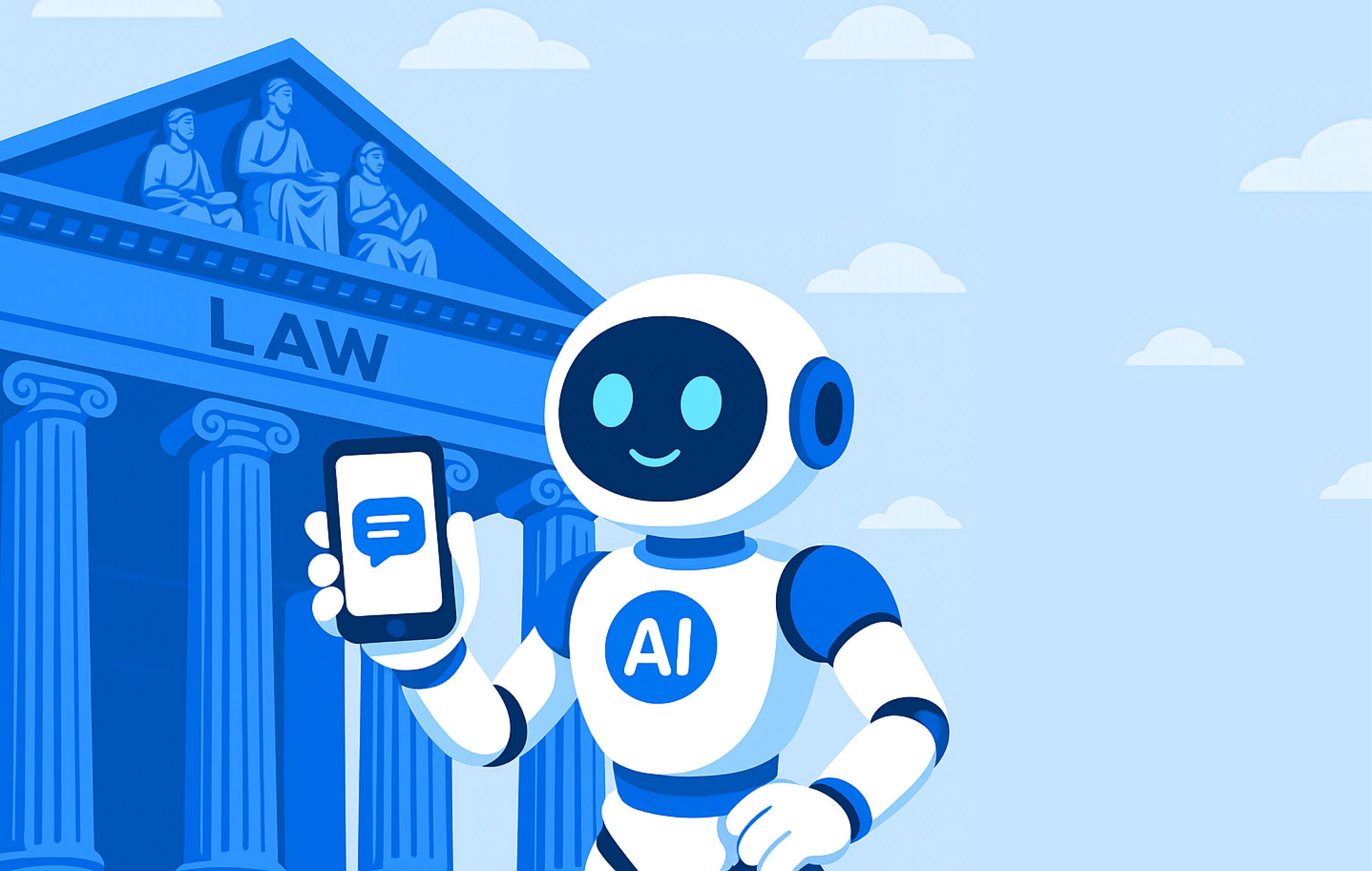 A white AI robot holding a phone with a chat bubble on it, standing in front of a blue classical courthouse with LAW carved above its columns