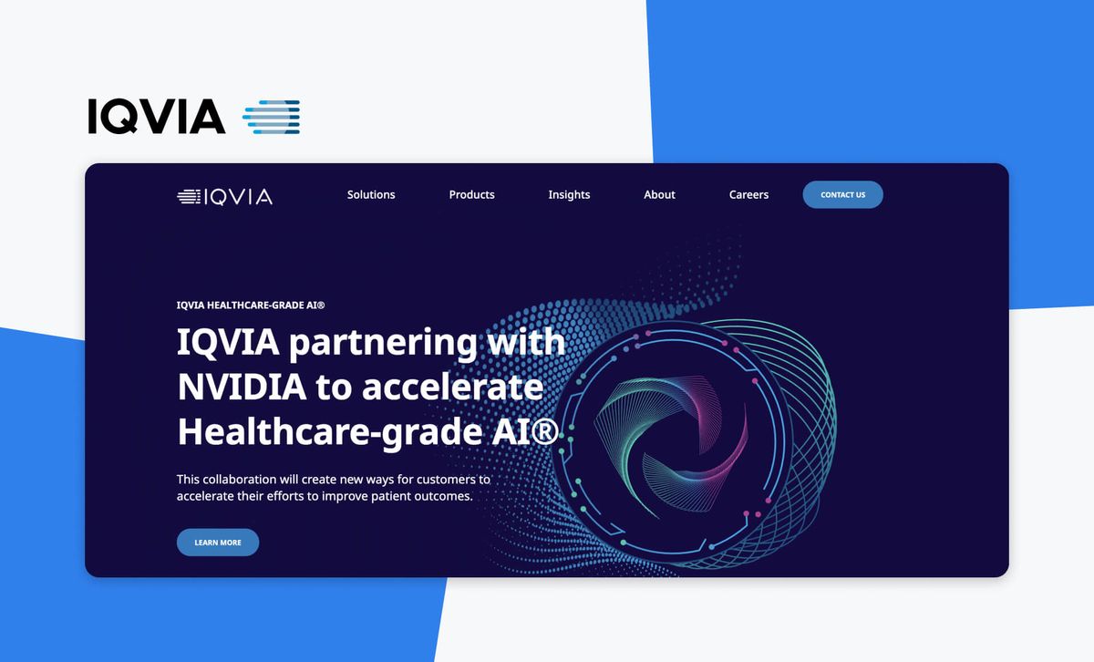 The IQVIA logo above a screenshot of the IQVIA site, headlined 'IQVIA partnering with NVIDIA to accelerate Healthcare-grade AI'