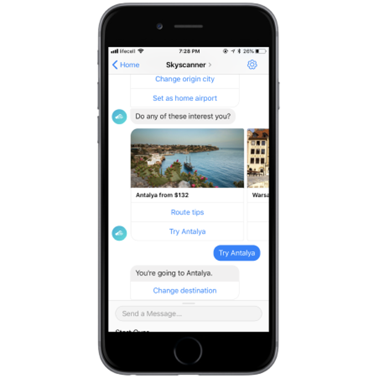 The Skyscanner chatbot in Facebook Messenger on an iPhone, suggesting Antalya from $132 with “Route tips” and “Try Antalya” reply buttons