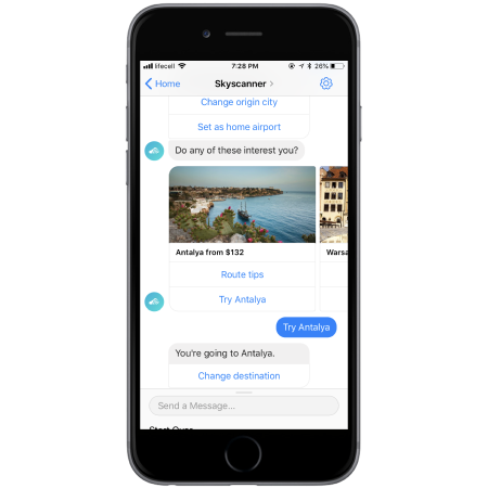The Skyscanner chatbot in Facebook Messenger on an iPhone, suggesting Antalya from $132 with “Route tips” and “Try Antalya” reply buttons