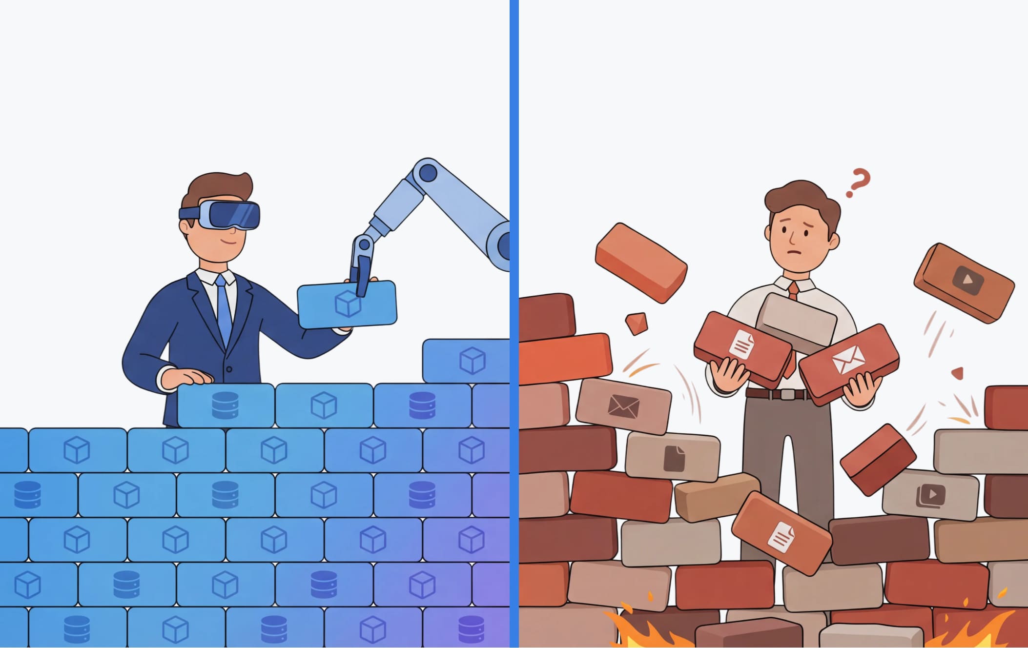 Split illustration: on the left a man in VR goggles and a robot arm lay a neat wall of blue bricks stamped with database and cube icons; on the right a puzzled man stands in a collapsing wall of mismatched bricks marked with document, email and video icons.