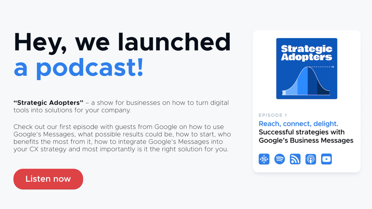 Hey, we launched a podcast! “Strategic Adopters” — a show for businesses on how to turn digital tools into solutions for your company. Episode 1: Reach, connect, delight. Successful strategies with Google’s Business Messages.