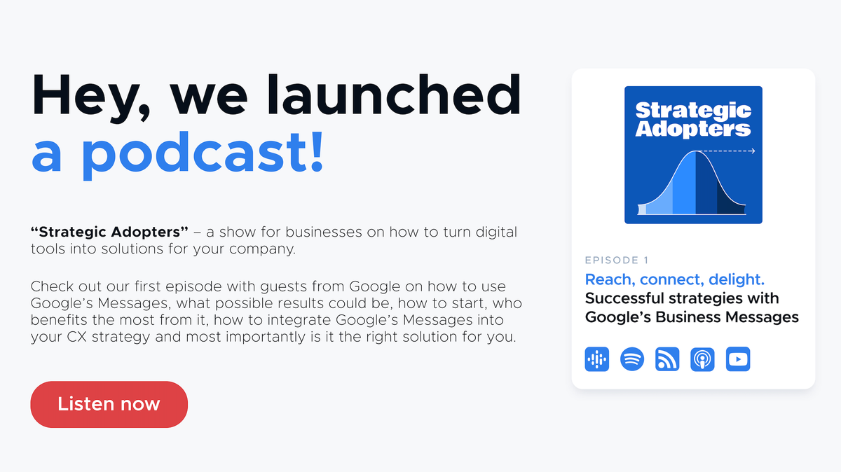 Hey, we launched a podcast! “Strategic Adopters” — a show for businesses on how to turn digital tools into solutions for your company. Episode 1: Reach, connect, delight. Successful strategies with Google’s Business Messages.