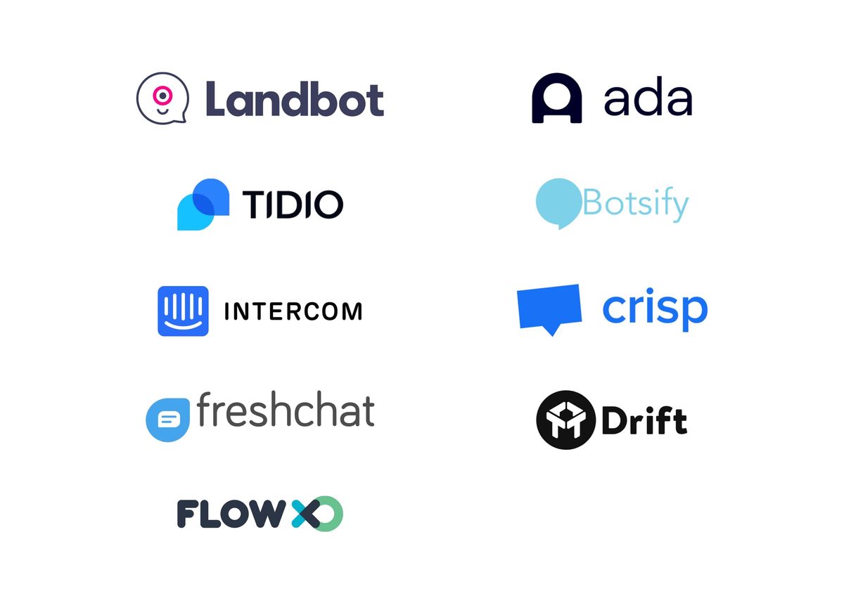 A board of the chatbot platform logos BotsCrew can migrate from: Landbot, Ada, Tidio, Botsify, Intercom, Crisp, Freshchat, Drift and FlowXO