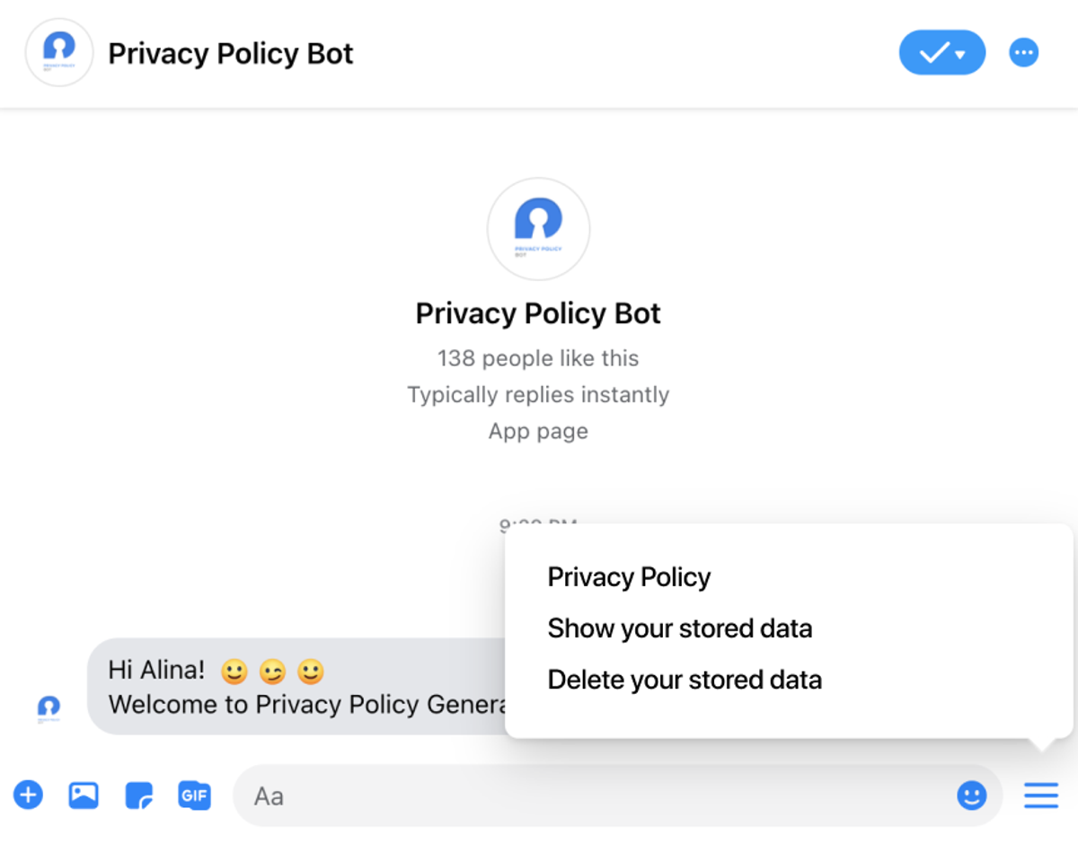 A chatbot persistent menu offering privacy policy, consent review and chat history options