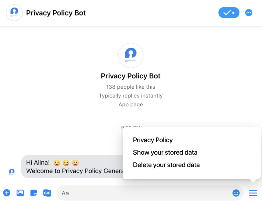 A chatbot persistent menu offering privacy policy, consent review and chat history options