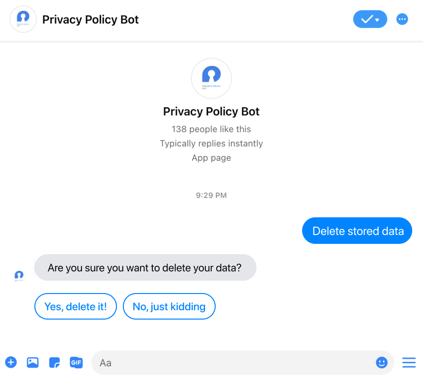 A chatbot persistent menu with a delete my data option for erasing personal information