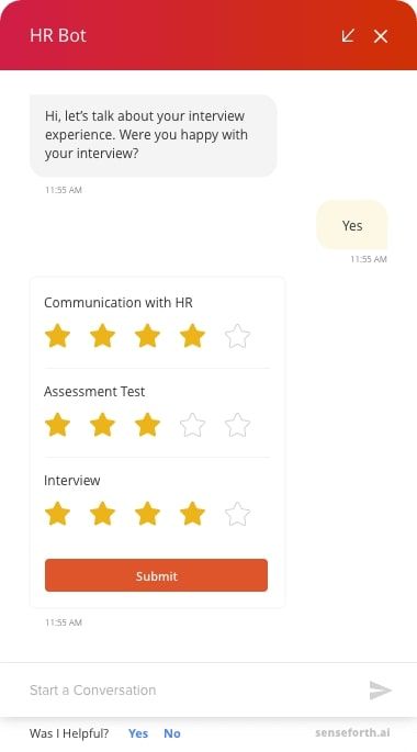 An HR Bot running a post-interview survey: star ratings for Communication with HR, Assessment Test and Interview, over a Submit button