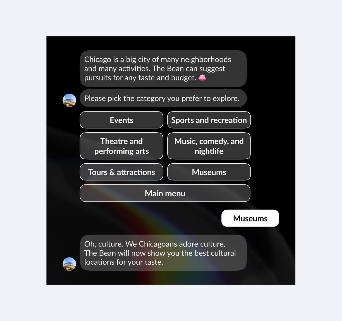The Bean chatbot inviting the visitor to pick a category — Events, Sports and recreation, Theatre and performing arts, Music, comedy and nightlife, Tours & attractions, Museums — and replying to the Museums choice with an offer of the best cultural locations