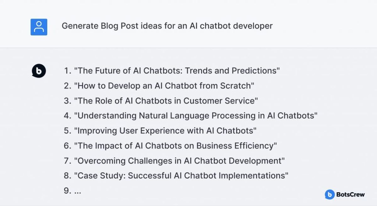 The same internal GPT answering with a numbered list of eight blog post ideas about AI chatbots, from trends and predictions to case studies