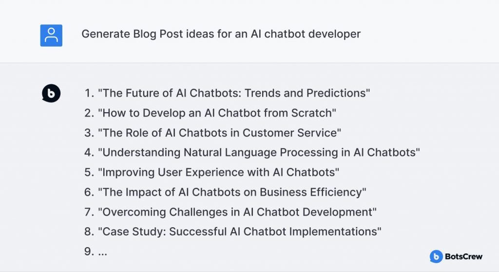 The same internal GPT answering with a numbered list of eight blog post ideas about AI chatbots, from trends and predictions to case studies