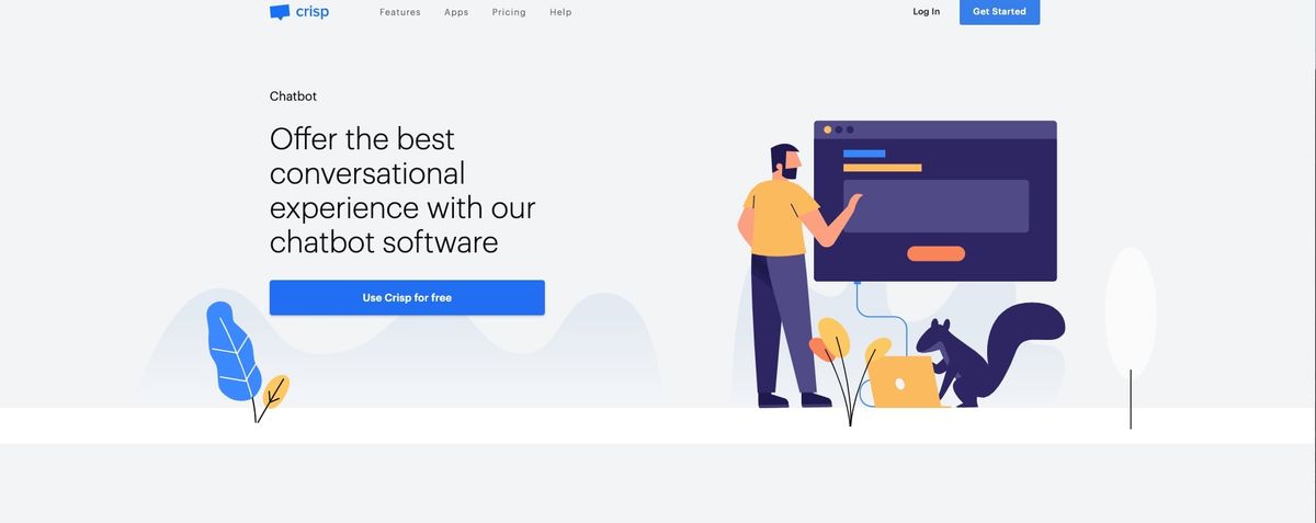 The Crisp chatbot page: “Offer the best conversational experience with our chatbot software” beside an illustration of a person at a dashboard.