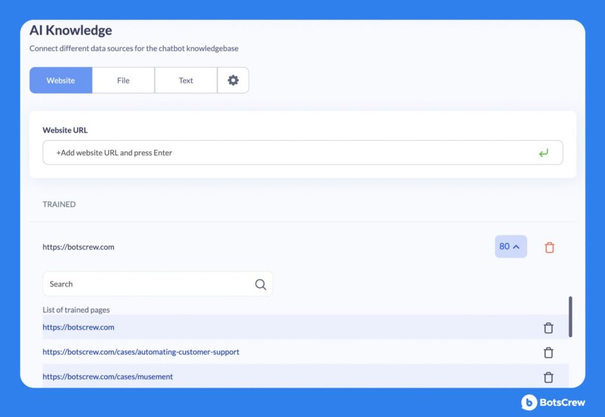 The same AI Knowledge screen with the Website tab selected, listing the 80 botscrew.com pages the chatbot has been trained on